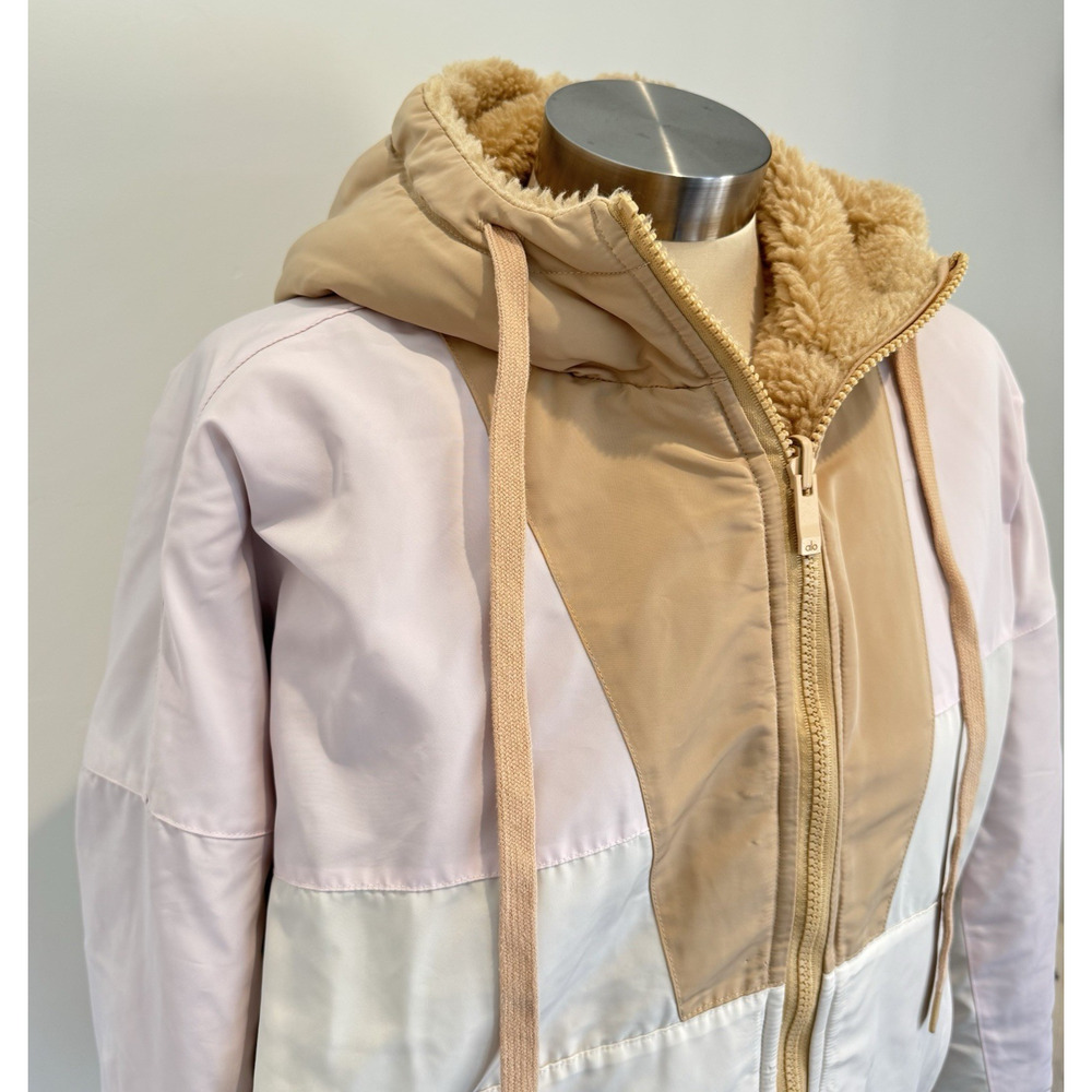 ALO YOGA Duality Reversible Sherpa Puffer Jacket Coat Pink Tan White Size S/M